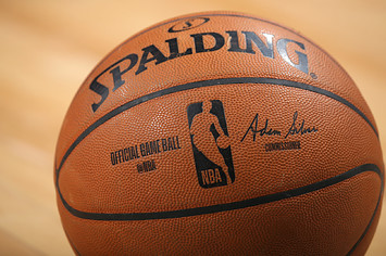 A close up shot of the official game ball used by the NBA