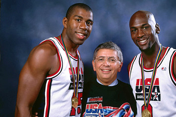 Magic Johnson, NBA Commissioner David Stern and Michael Jordan