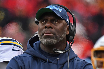 Head coach Anthony Lynn of the Los Angeles Chargers looks on