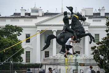 Protesters attempt to pull down the statue of Andrew Jackson in Lafayette Square.