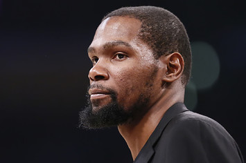 Kevin Durant looks on during a game at the Staples Center