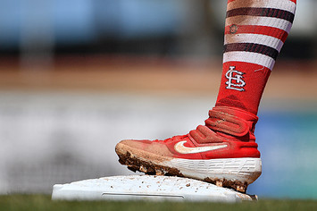 A detailed view of the Nike cleat worn by Kolten Wong