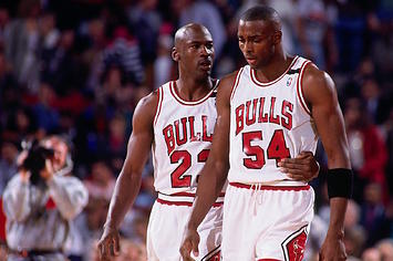 Michael Jordan comforts Horace Grant during Game 1 of the 1992 Eastern Conference Finals.