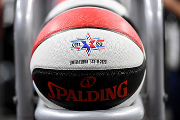 A detail view of a basketball during the 2020 NBA All Star Celebrity Game.