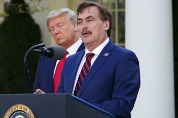 Mike Lindell speaks during a press conference at the Rose Garden.