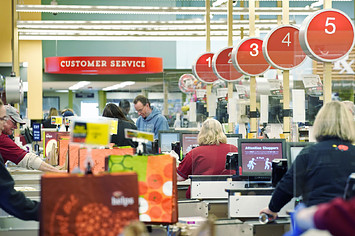Cashiers ring out customers at the Hannaford supermarket