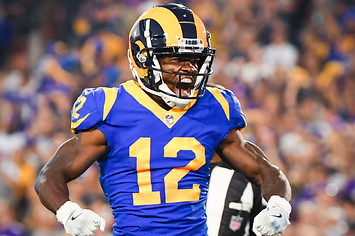 Brandin Cooks #12 of the Los Angeles Rams celebrates his touchdown.