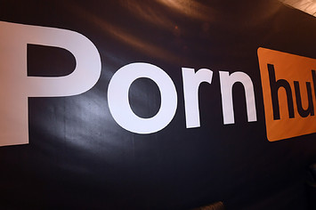 A Pornhub logo is displayed at the company's booth at the 2018 AVN Adult Entertainment Expo.