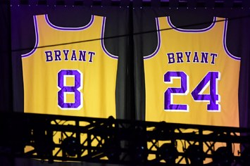 Kobe Bryant jerseys shown at The Staples Center.