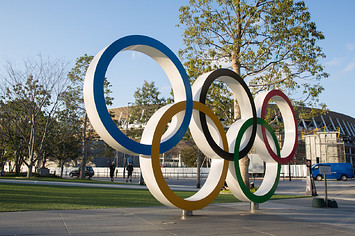 View of the Olympic Rings near the new National Stadium
