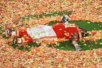 The Chiefs' Derrick Nnadi makes confetti angels after winning the Super Bowl.