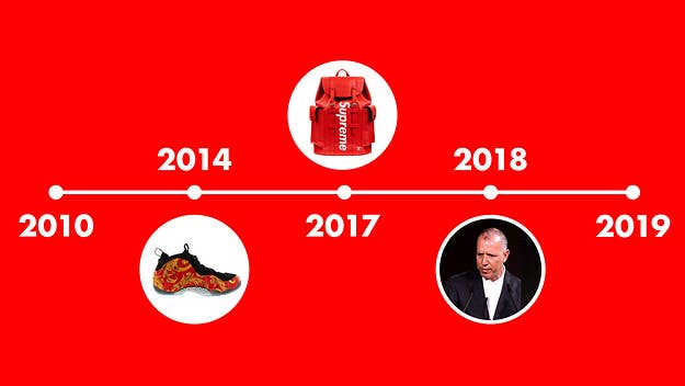 From it’s 2015 Nike Air Foamposite release to it’s 2017 Supreme x Louis Vuitton collab, these are Supreme's biggest moments of the decade.