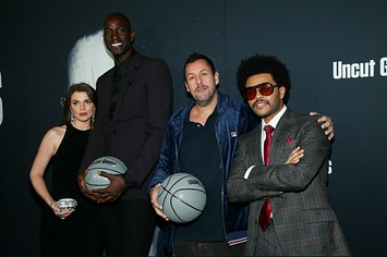 Julia Fox, Kevin Garnett, Adam Sandler and The Weeknd attend the premiere of A24's "Uncut Gems"