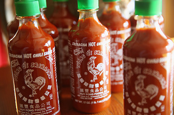 Bottles of Sriracha hot chili sauce are shown.
