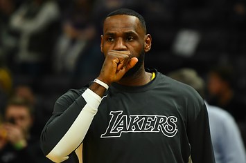 LeBron James #23 of the Los Angeles Lakers participates in warmups