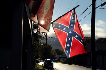 A confederate flag hangs outside a home in the Borough of Yoe in York County, PA.