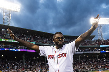 David Ortiz is introduced before throwing out first pitch as he returns to Fenway Park.