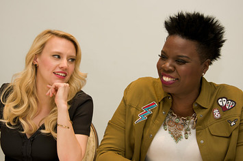 Kate McKinnon and Leslie Jones at the "Ghostbusters" Press Conference