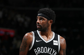 Kyrie Irving #11 of the Brooklyn Nets looks on against the New York Knicks