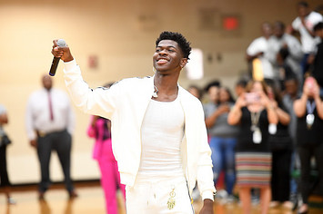 Lil Nas X makes a surprise visit to his former high school during Hot 107.9 Pep Rally.