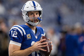 Indianapolis Colts quarterback Andrew Luck (12) warms up on the field.