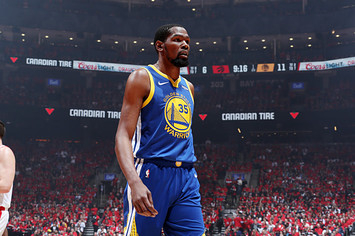 Kevin Durant #35 of the Golden State Warriors looks on