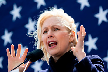Kristen Gillibrand holds a speech during the official kick off rally
