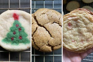 christmas tree pillsbury cookie, brown crinkled cookie, and crinkly beige cookie with pink specks