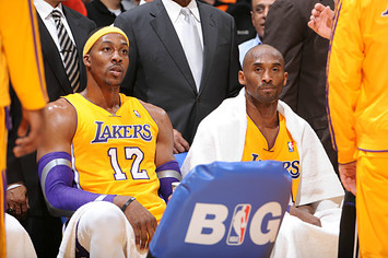 Dwight Howard #12 and Kobe Bryant #24 of the Los Angeles Lakers