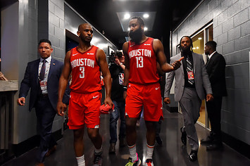 Chris Paul and James Harden heading to locker room after Western Conference Semifinals Game 4.