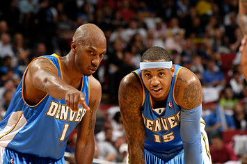 Chauncey Billups #1 and Carmelo Anthony #15 of the Denver Nuggets