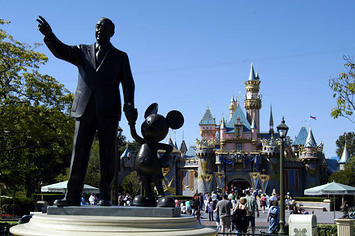 Walt Disney and Mickey statue at Disneyland.