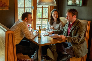 Chris Evans, Ana de Armas and Director Rian Johnson on the set of 'Knives Out'