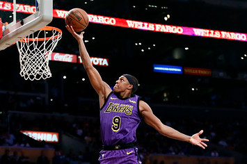 Rajon Rondo #9 of the Los Angeles Lakers shoots the ball against the Charlotte Hornets