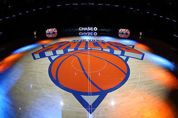 A general view of the New York Knicks logo before a game.