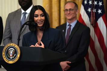 Kim Kardashian West speaks during an East Room event at White House.