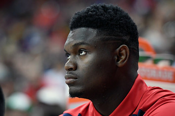 Zion Williamson #1 of the New Orleans Pelicans looks on from the bench