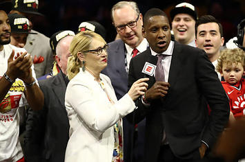 Raptors exec. Masai Ujiri talks to ESPN's Doris Burke after the team wins the 2019 championship.