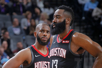 James Harden #13 and Chris Paul #3 of the Houston Rockets