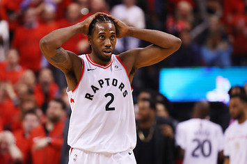 Kawhi Leonard reacts against the Golden State Warriors during Game Five of the 2019 NBA Finals.