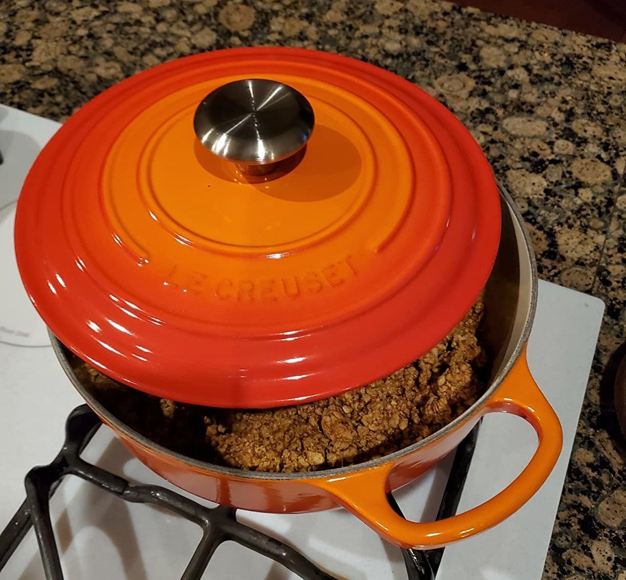 Reviewer&#x27;s orange pan filled with beef