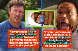 (left) chip gaines (middle) chip gaines in "fixer upper" smashes a wall (right) anthony anderson as dre screams awake in "black-ish"
