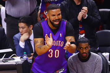 Drake reacts during Game One of the 2019 NBA Finals.