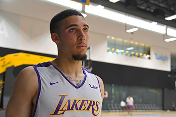LiAngelo Ball walks on the court during the Los Angeles Lakers 2018 NBA Pre Draft Workout