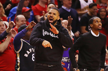 Drake reacts during game six of the NBA Eastern Conference Finals.