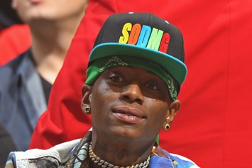 Soulja Boy, looks on during the game against the Chicago Bulls and the LA Clippers