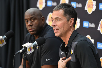 Lakers President of Basketball Operations Earvin "Magic" Johnson and General Manager Rob Pelinka