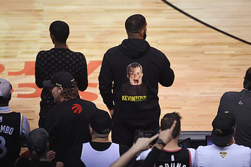 Drake looks on during Game Two of the NBA Finals between Golden State Warriors and Toronto Raptors.