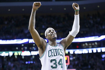 Paul Pierce celebrates win after Celtics 118 114 3OT victory over the Denver Nuggets.