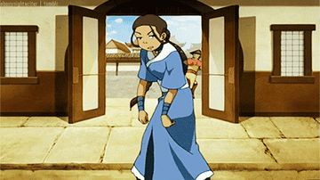 Katara making the &quot;I&#x27;m watching you gesture&quot; with Sokka following her out and saying, &quot;Water Tribe&quot;